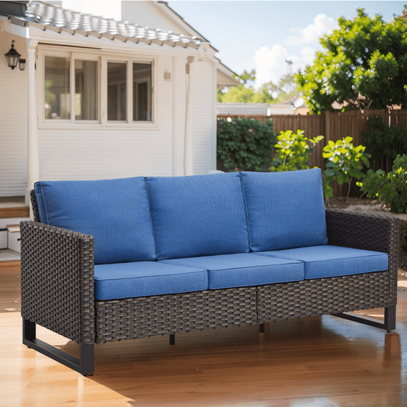 PARKWELL Outdoor 3-Seat Patio Sofa,All-Weather Wicker Rattan Couch Furniture with Cushions,Blue