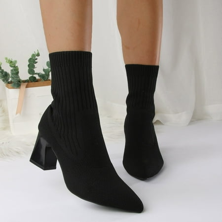 

YOUSNH Versatile Short Boots Pointed Toe Thick Heels High Heels Knitted Elastic Socks Boots Flying Weaving Boots Female Woman Shoes Black 8.5
