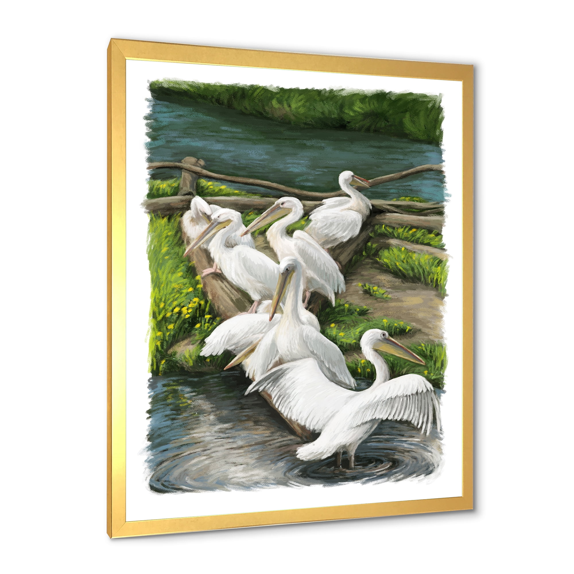 Designart 'Pelicans Resting Near The river Water' Traditional Framed Art Print
