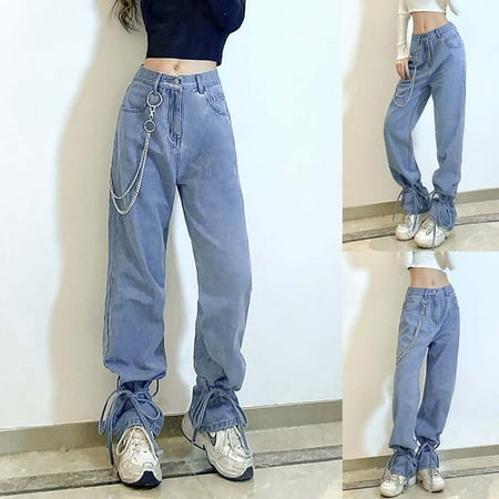 

TIANEK Fashion Personality Strappy Chain High Waist Loose Jeans Fuzzy Pajama Pants Reduced Price