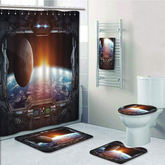 EREHome Window View from Spaceship Station to Universe Celestial Discovery Fiction 5 Piece Bathroom Set Shower Curtain Bath Towel Bath Rug Contour Mat and Toilet Lid Cover