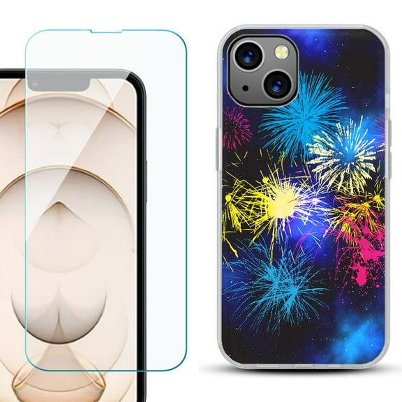 Slim-Fit Flexible TPU Gel Phone Case for iPhone 13, with Tempered Glass Screen Protector, by OneToughShield ® - Fireworks