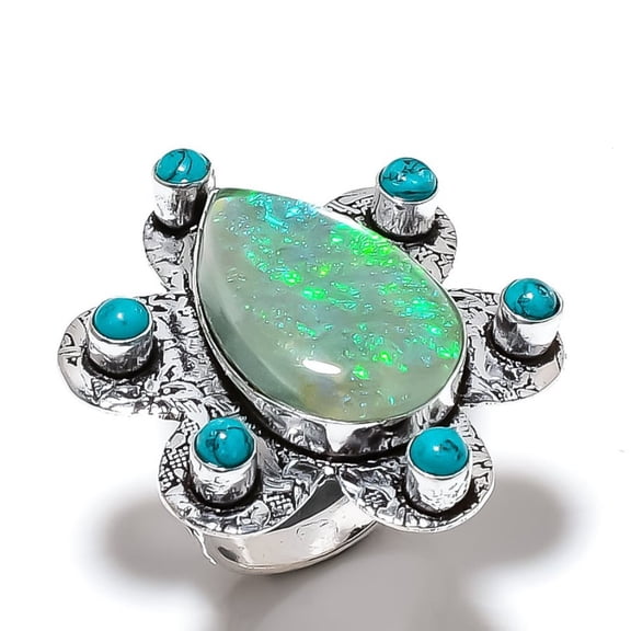 Green Triplet Opal, Turquoise Gemstone 925 Sterling Silver Jewelry Ring Size 9