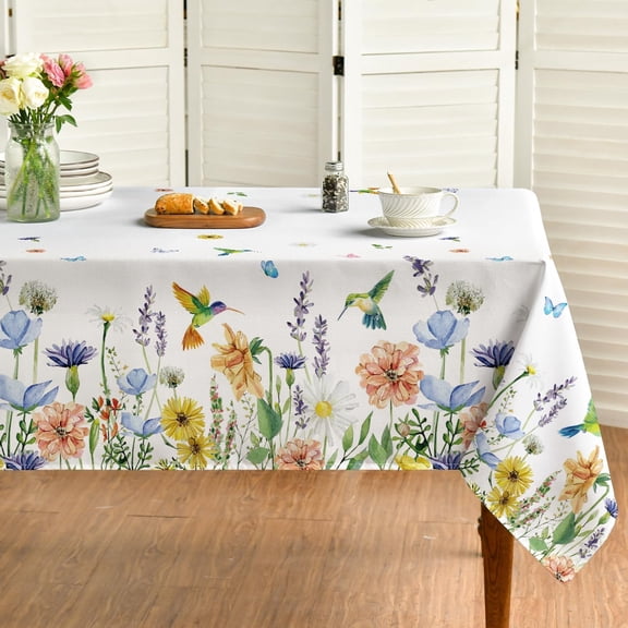 Spring Tablecloth 60×104 Inch, Floral Flowers Butterfly Birds Washable Table Cover for Party Picnic Dinner Decor