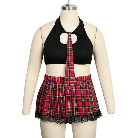 XXLvision Women's Plus Size Plaid Lingerie Sets Necktie Crop Top Skirt ...
