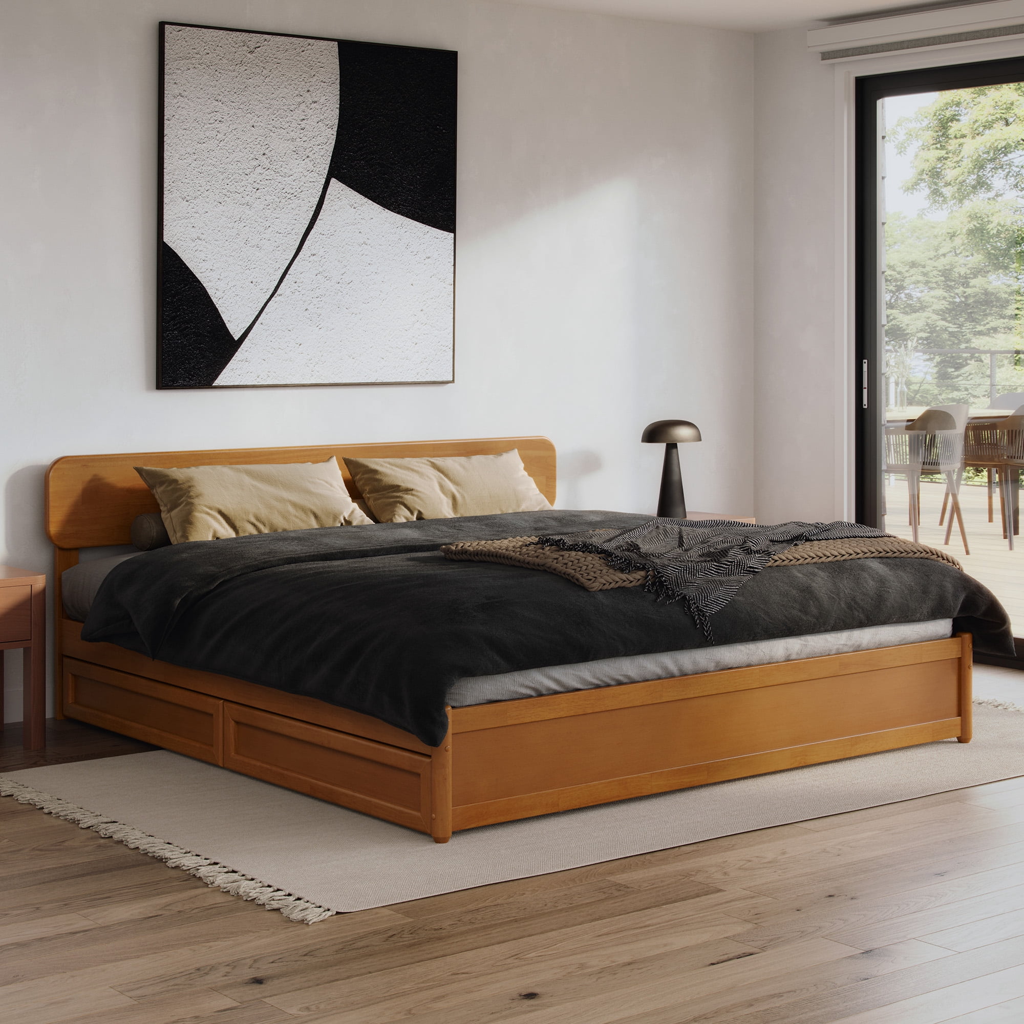 AFI Capri King Wood Platform Bed with Panel Footboard and Storage Drawers, Light Toffee