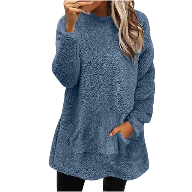 KIHOUT Spring Winter Womens Tops Round-Neck Plush Loose Solid Color with Pocket Warm Long Sleeve Blouse Tops