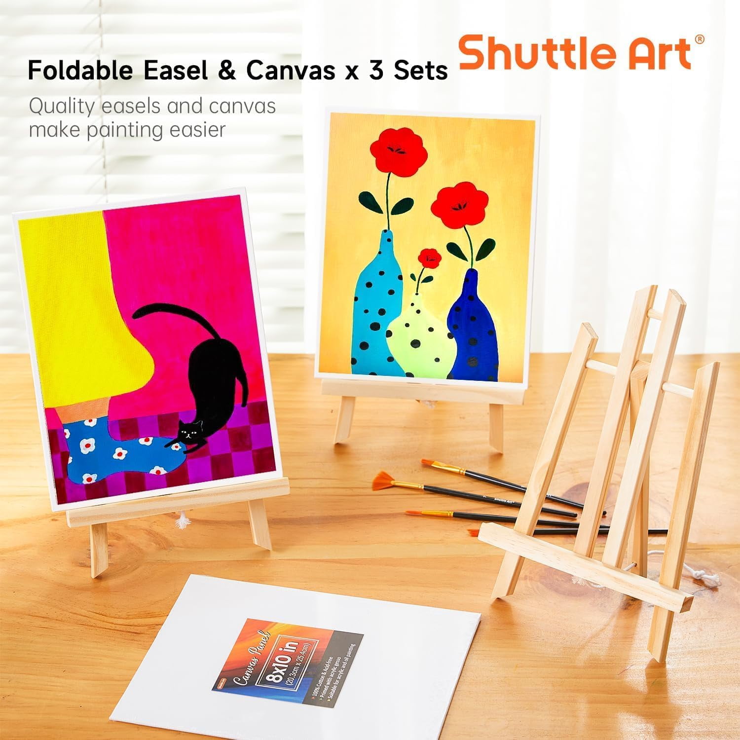 Shuttle Art 69 Pack Acrylic Paint Set, Acrylic Painting Set with 2 Pack of 15 Colors Acrylic Paint, 3 Sets of Wooden Easels, Canvas, Brushes & Palettes, Art Painting Supplies for Adults Beginner