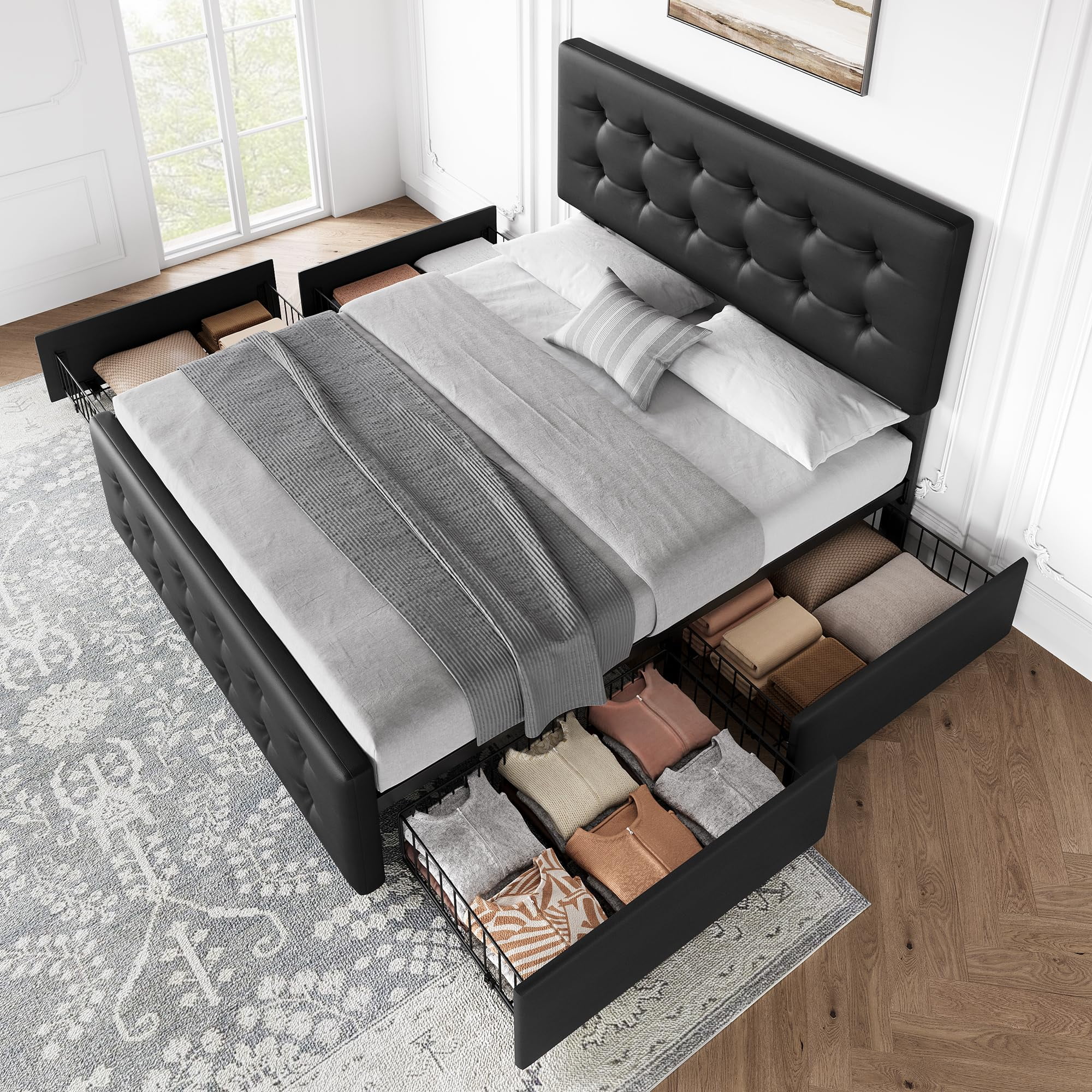 Maritcute Full Size Bed Frame with 4 Storage Drawers and Adjustable Headboard, Upholstered Mattress Foundation with Skin-Frienly Linen, No Box Spring Needed, Black
