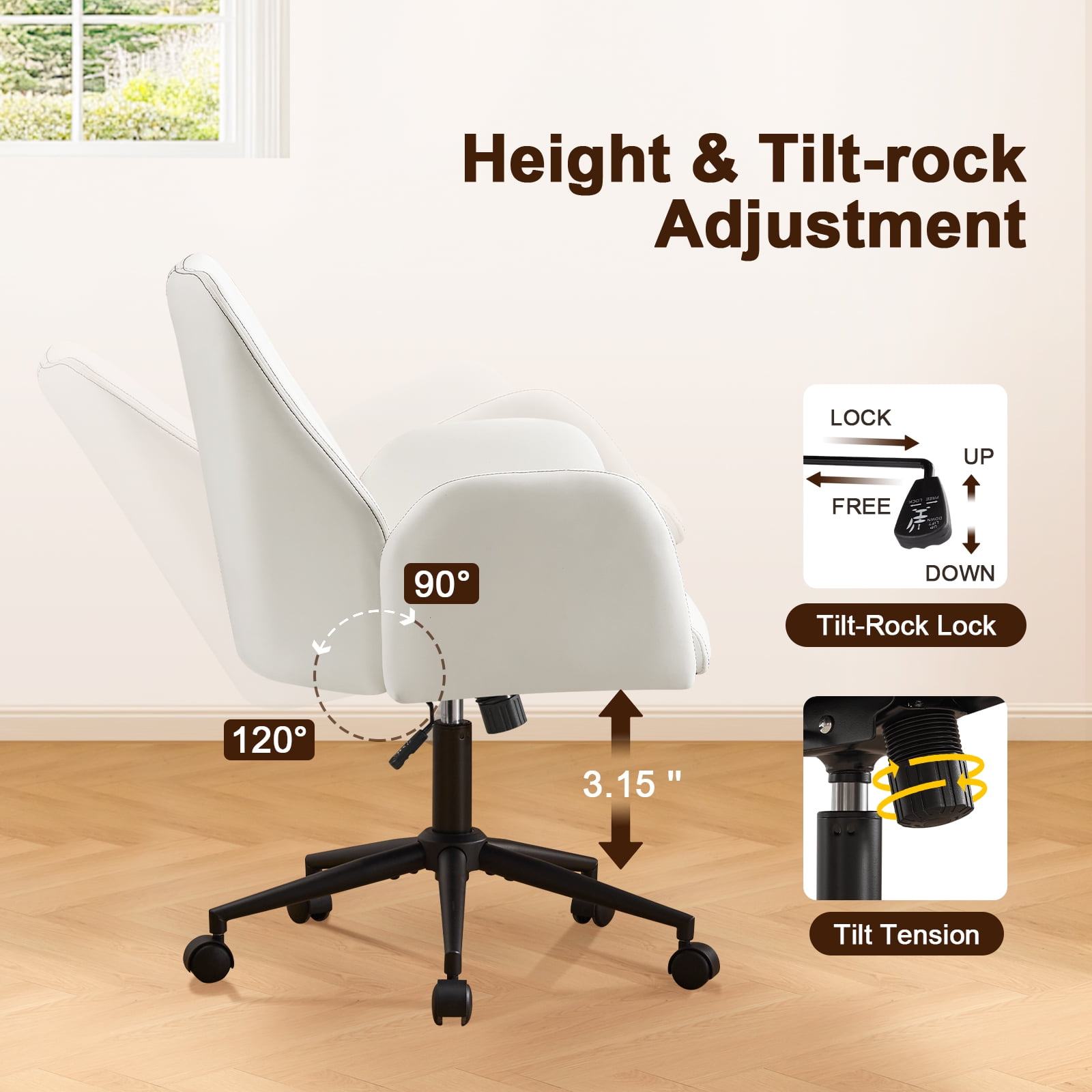 Modern Home Office Desk Chair, Faux Leather Ergonomic Desk Chair with Adjustable Height, Rolling Swivel Computer Chair, Mid-Back Armchair Task Chair for Office, Study Room, Black