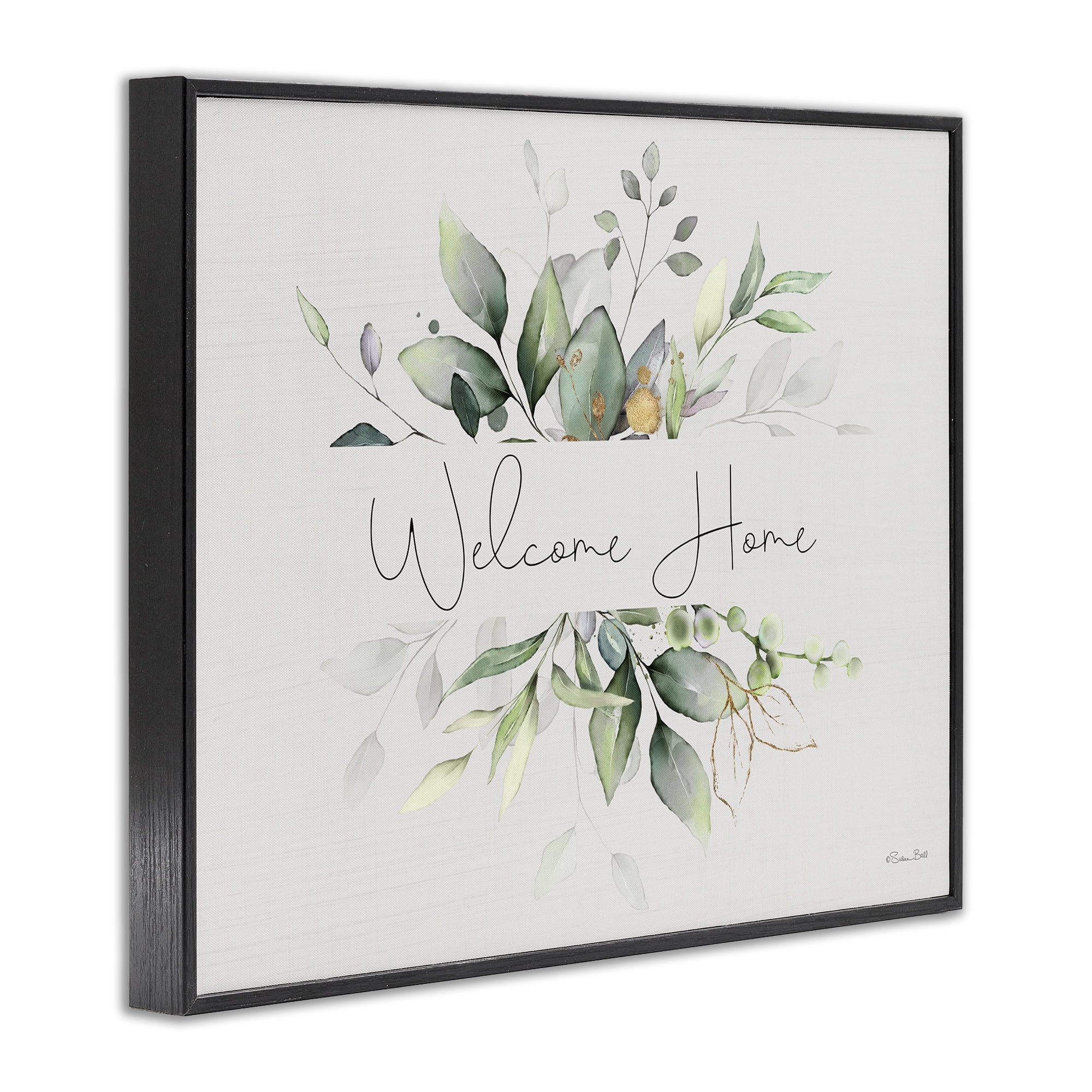 Stupell Industries Soft Leaves Welcome Botanical & Floral Painting Black Framed Art Print Wall Art, 30 x 24