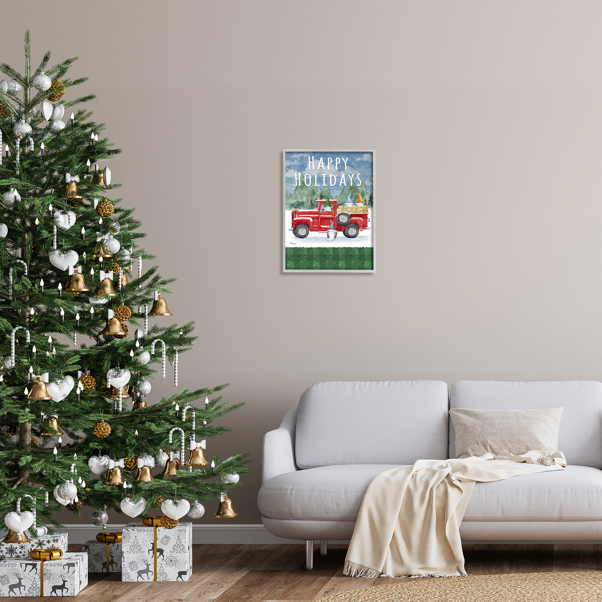 Stupell Industries Happy Holidays Truck Holiday Painting Gray Framed Art Print Wall Art, 16 x 20