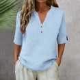 thumbnail image 6 of Cotton Linen Shirts Short Sleeve V-Neck Tops Button Down Gauze Tees Casual Dressy Tunic Top Plus Size Gauze Casual Tops Pleated Tops Loose Fit Beach Vacation Tees Cotton Linen Shirt Light Blue 5Xl, 6 of 9