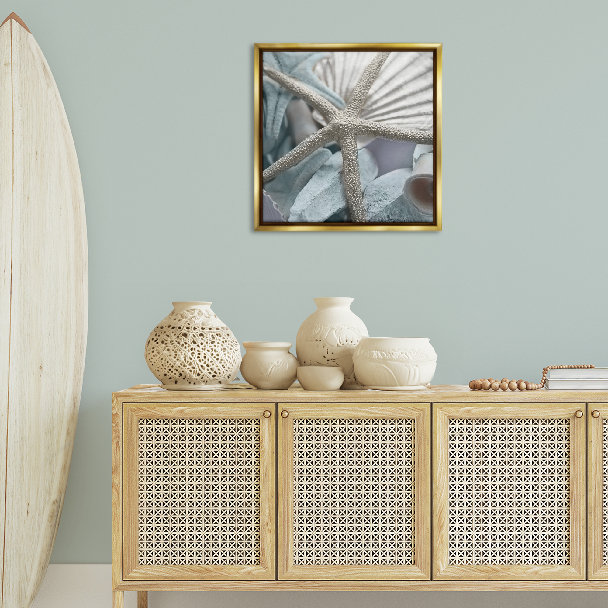 Stupell Industries Seashells & Starfish Nautical & Beach Photography Gold Floater Framed Canvas Art Print Wall Art, 25 x 25