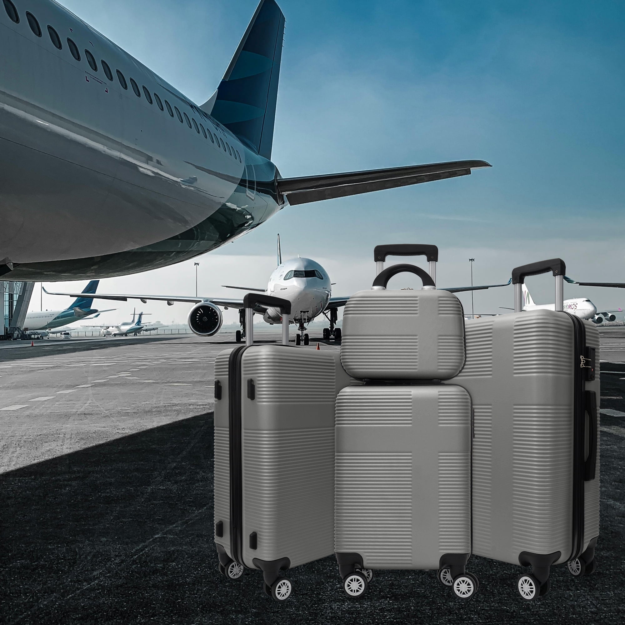 Enxing Mall Luggage 4 Piece Set with Spinner Wheels, Hardshell Lightweight Suitcase with TSA Lock,Checked Luggage,Silver+Gray(12/20/24/28in)
