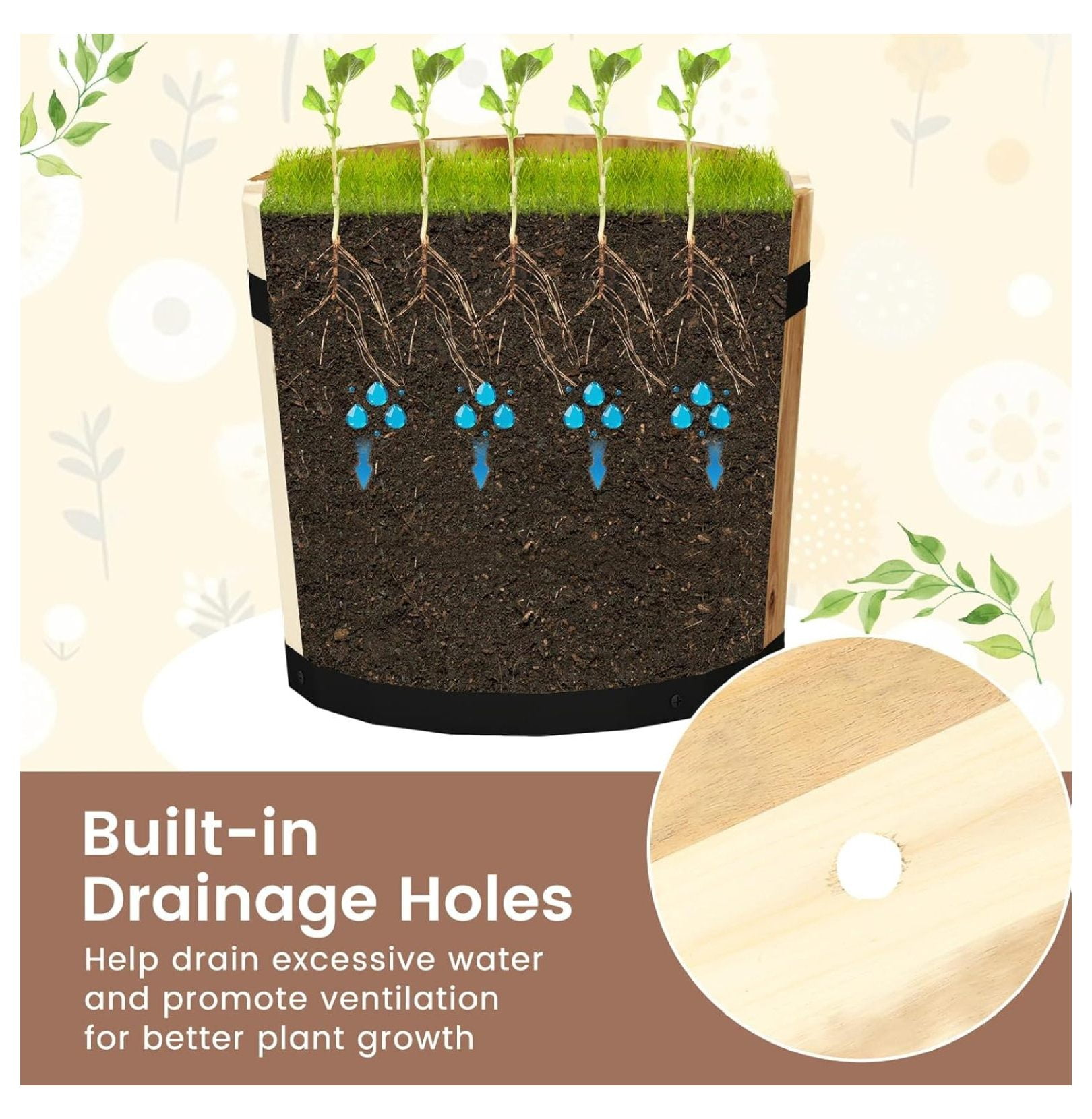 Wooden Plant Pots, 3-Piece Whiskey Barrel Planters w/ Drainage - Indoor Outdoor Flower & Herb Pots for Patio, Garden, Home Decor