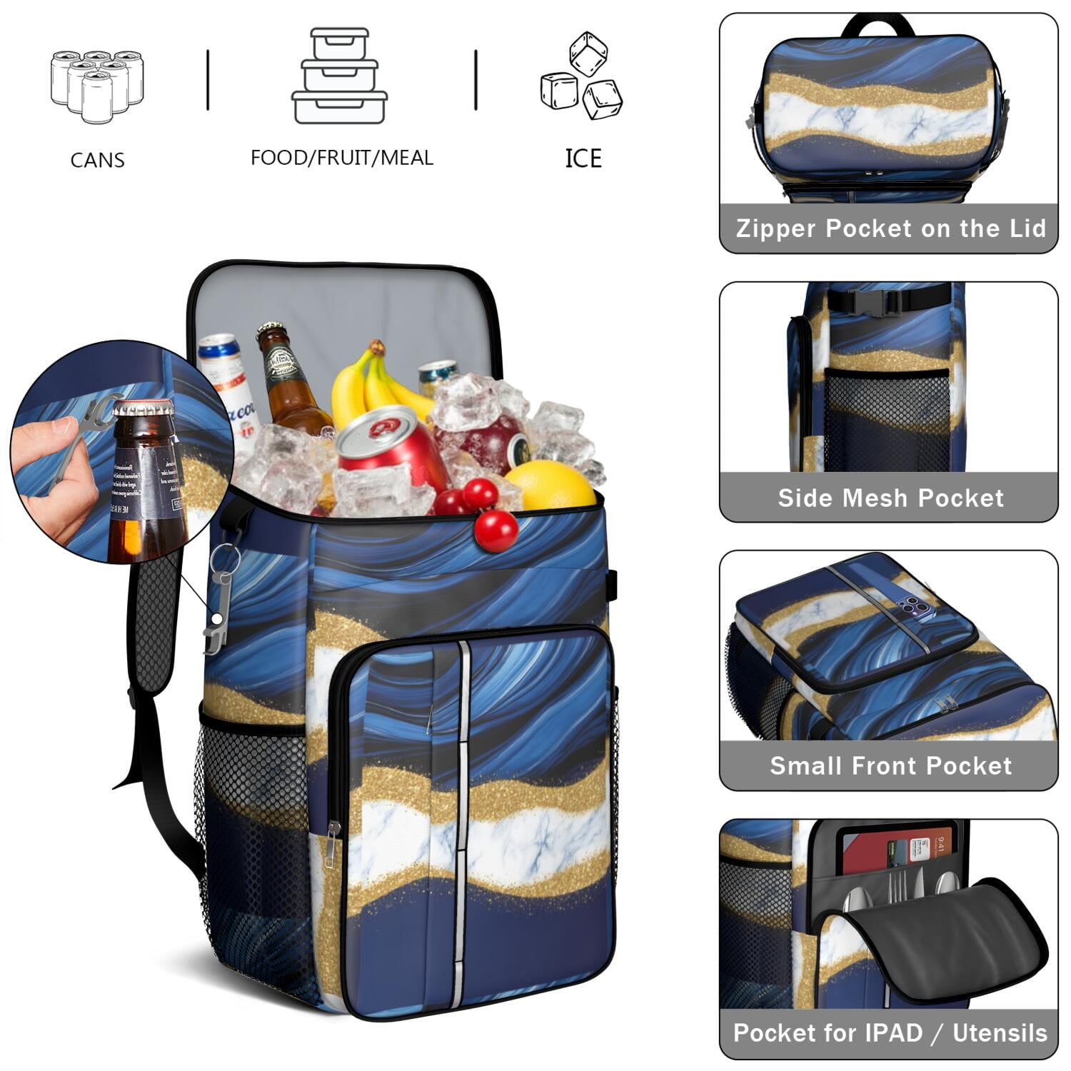 Travel Cooler Bag - Blue Gold Marble Camping Beer Cooler Backpack with Bottle Opener- Waterproof Insulated Picnic Backpacks - Cooler Bag for Beach