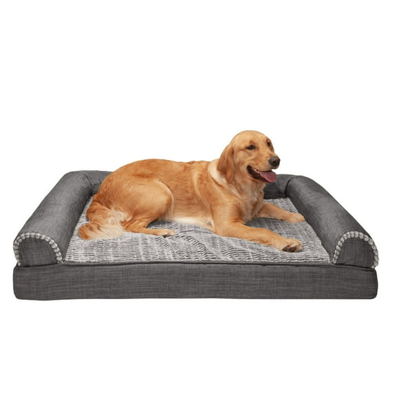FurHaven Pet Products Luxe Fur & Performance Linen Cooling Gel Top Sofa Pet Bed for Dogs & Cats - Charcoal, Jumbo