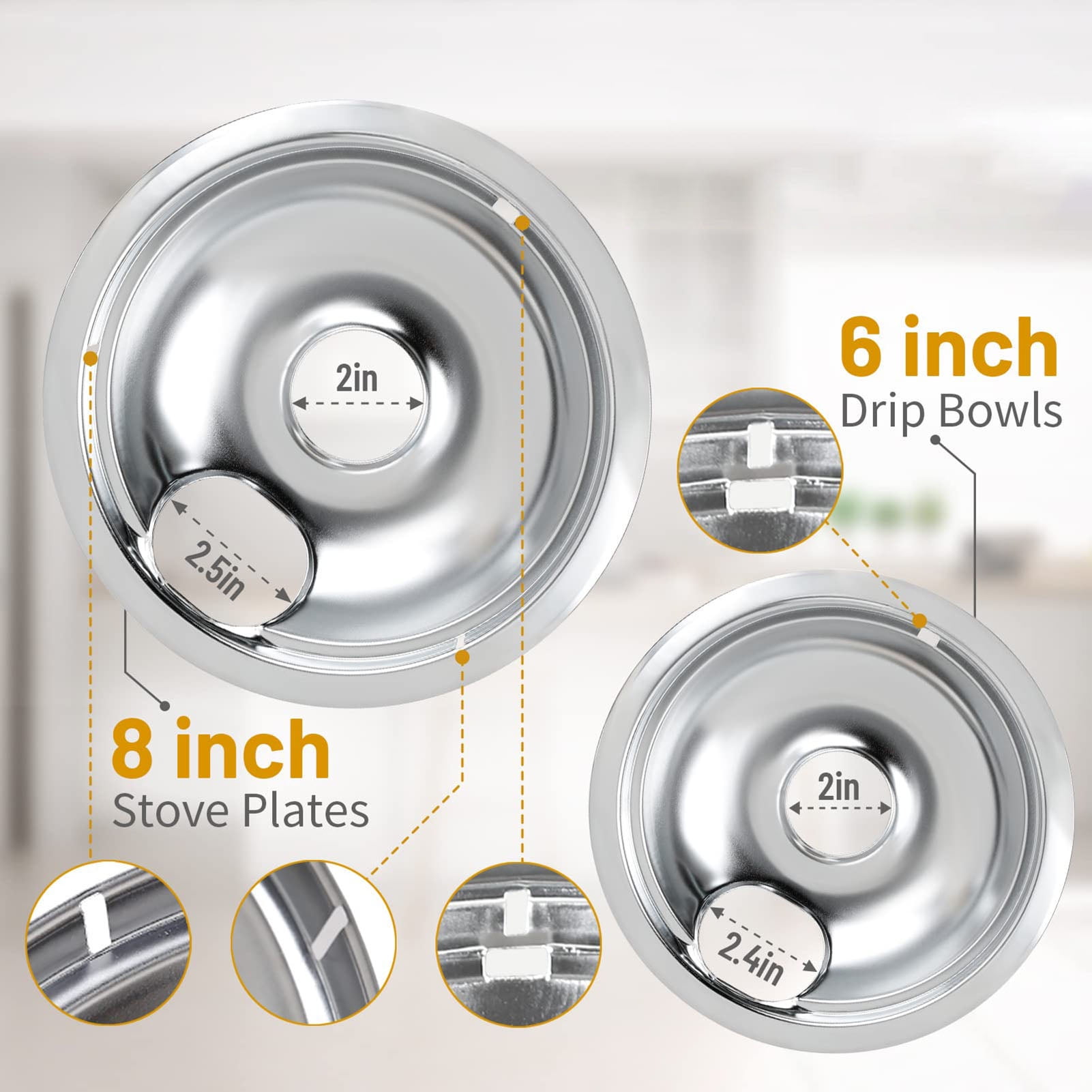 Ludlz 4Pcs 6/8-Inch Cooktop Drip Pan Round Electric Stove Top Burner Chrome Filter Tray Holder Replacement Kitchen Supplies