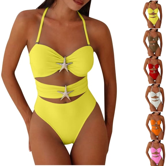 Daiosportswear Women's Bandeau Style Swimsuit, Halter Neck Bathing Suit with Starfish Details Yellow-A XL(XL)