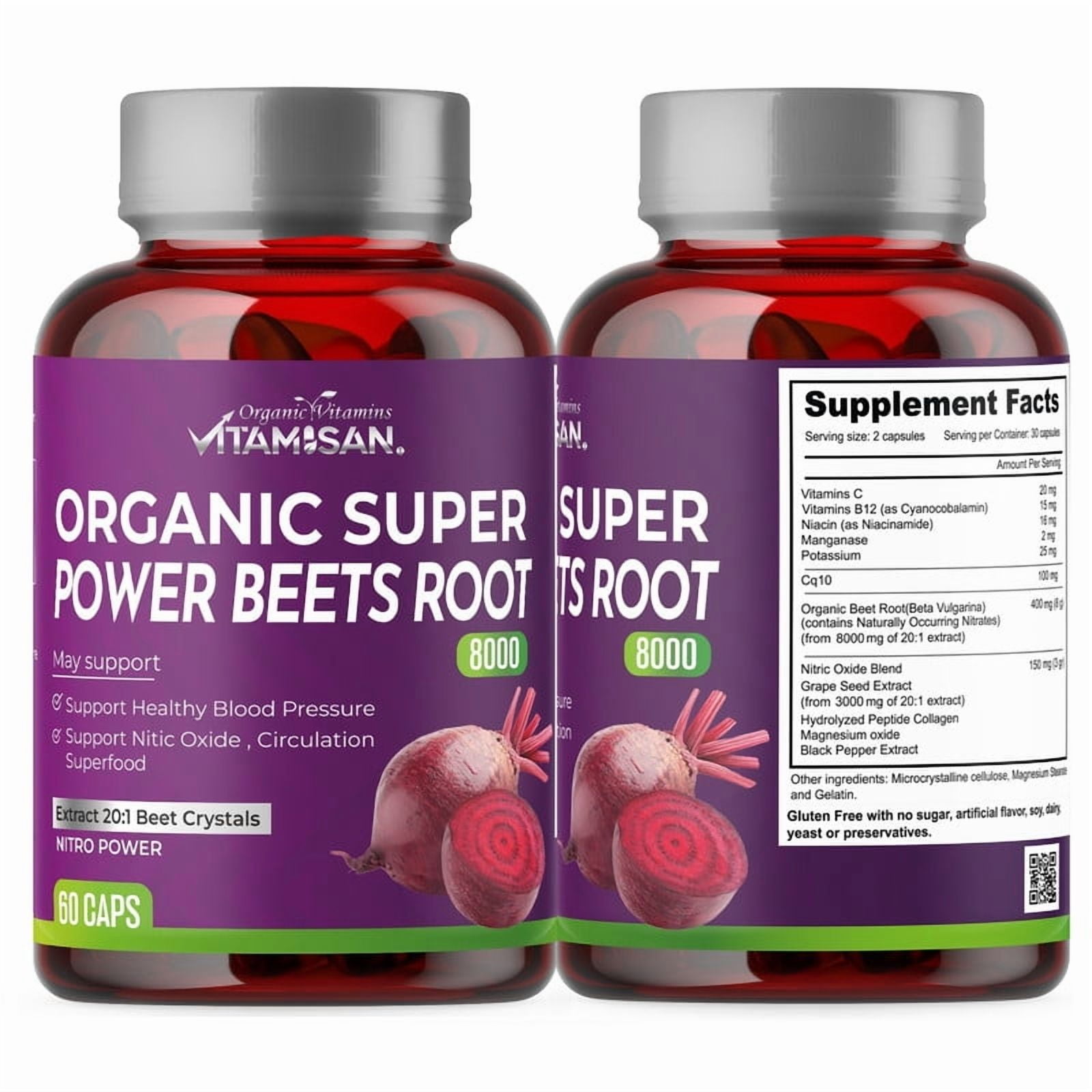 2 Pack Vitamisan Organic Beets Root | Nitric Oxide + CoQ10 | 120 Caps | Heart Health