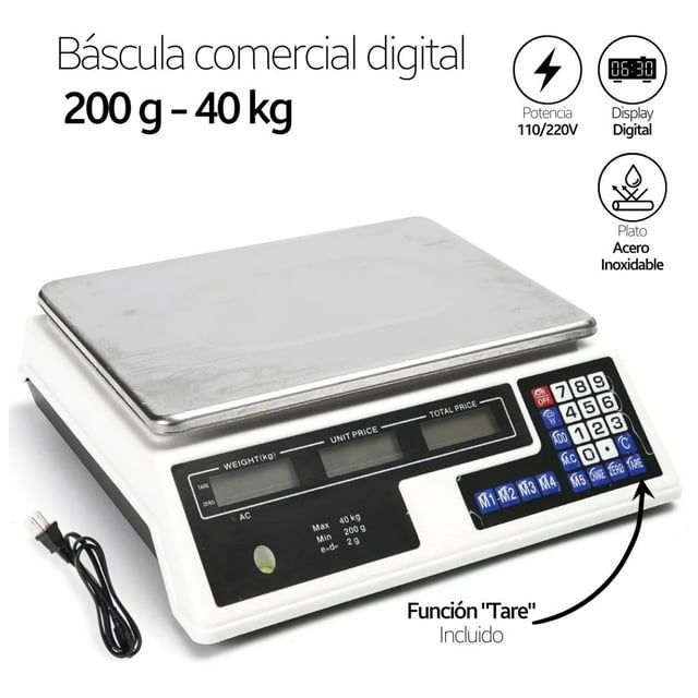 Báscula Digital Comercial Nevashel BC02 34 x 24 Cm hasta 40 kg 110/220v Blanco función Tare y botón zero