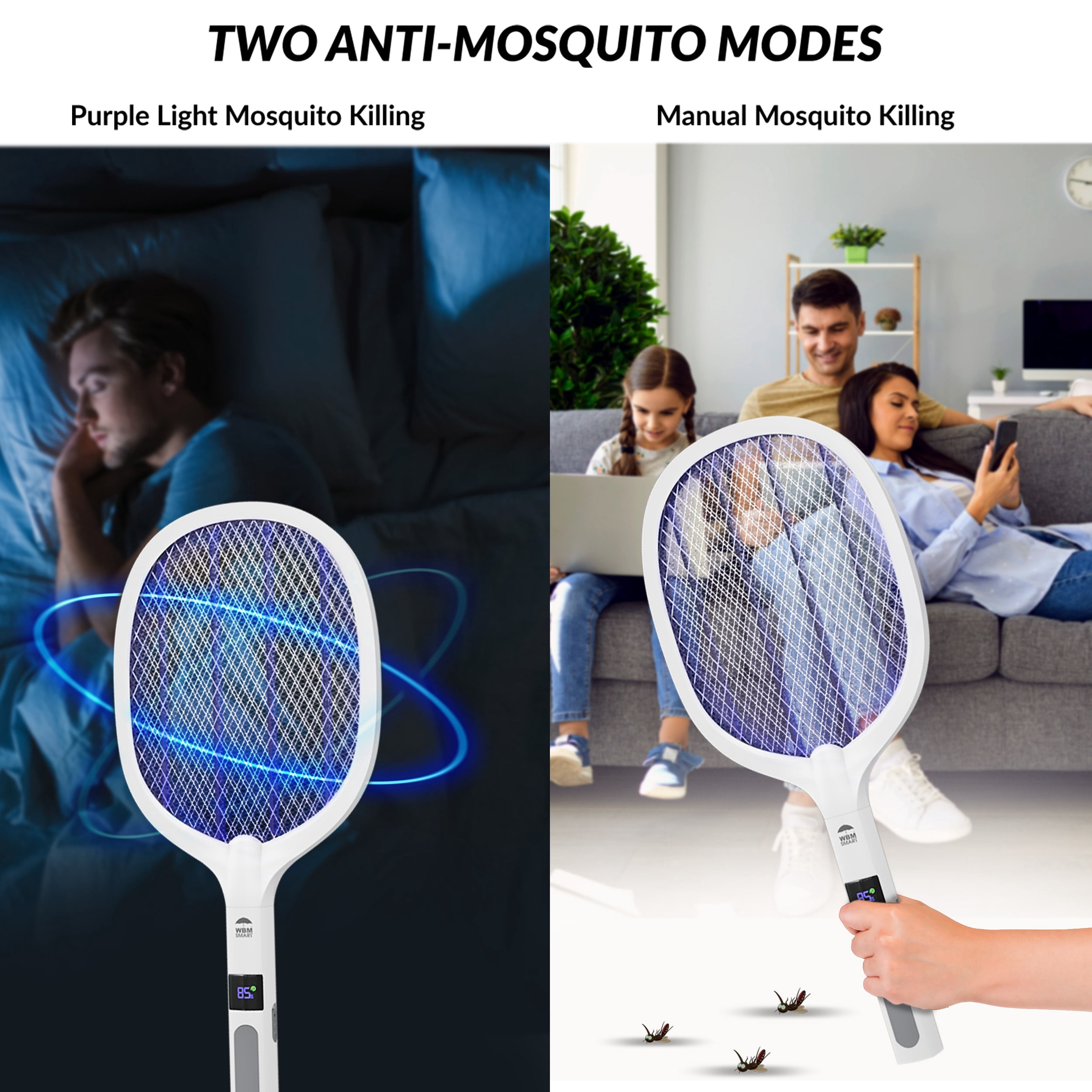 WBM Electric Bug Zapper, Portable Insect Killer, LED Light Fly Swatter for Home & Outdoor Use, White
