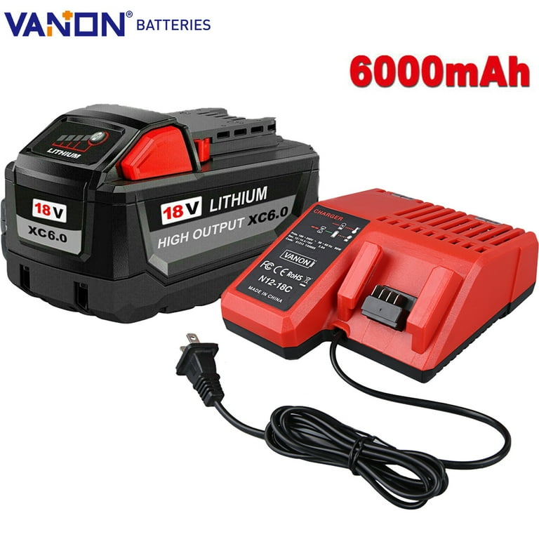 Vanon For Milwaukee M18 XC 18Volt 6.0 AH Extended Lithium ion Battery 48 11 1860 and Fast Charger