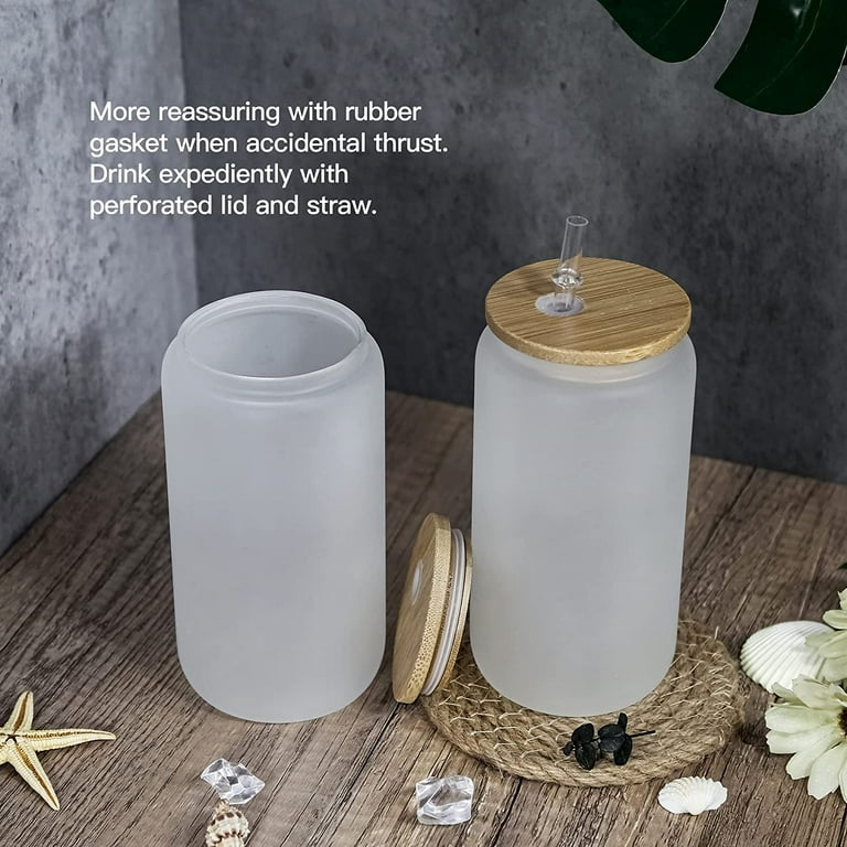 25Pack 16OZ Sublimation Glass Blanks With Bamboo Lid Frosted Sublimation  Beer Can Glass Borosilicate Glasses Tumbler Mason Jar Cups Mug With Reuse  Straw for Iced Coffee Juice Soda Dr 