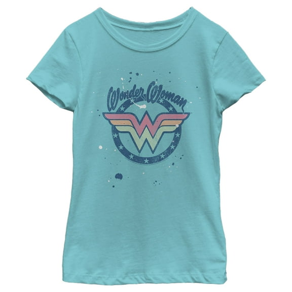 Girl's Wonder Woman Paint Splatter Logo  Graphic Tee Tahiti Blue Small