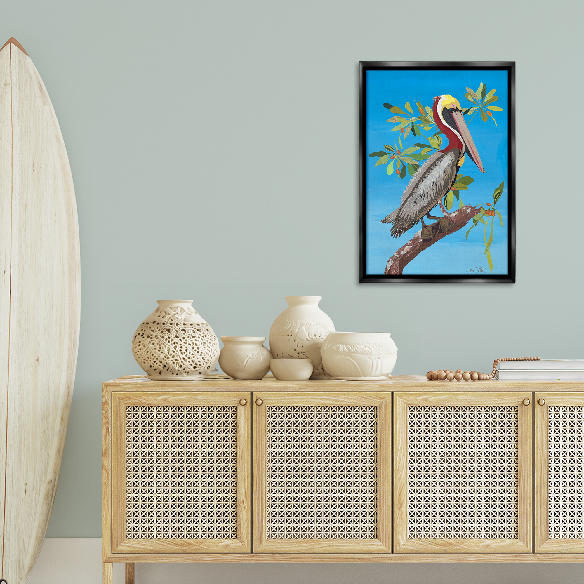 Stupell Industries Brown Pelican on Tree Animals & Insects Painting Black Floater Framed Canvas Art Print Wall Art, 21 x 31