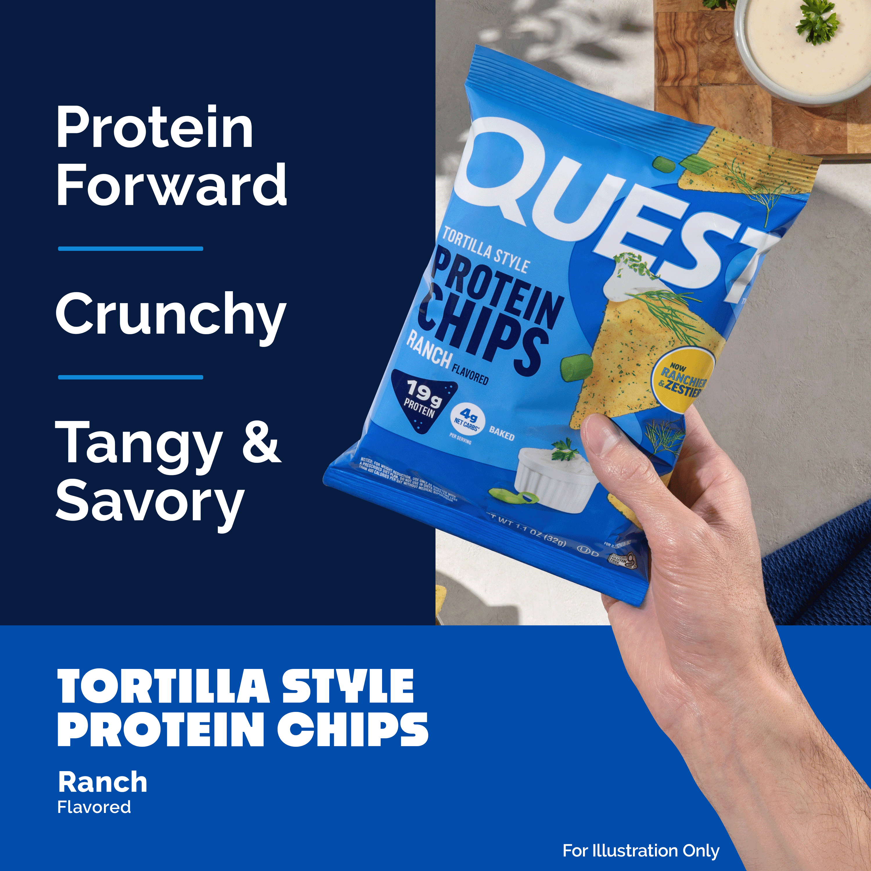 (4 pack) Quest Tortilla Style Protein Chips with 19g of Protein, Ranch Flavor, 1.1 Oz, Single