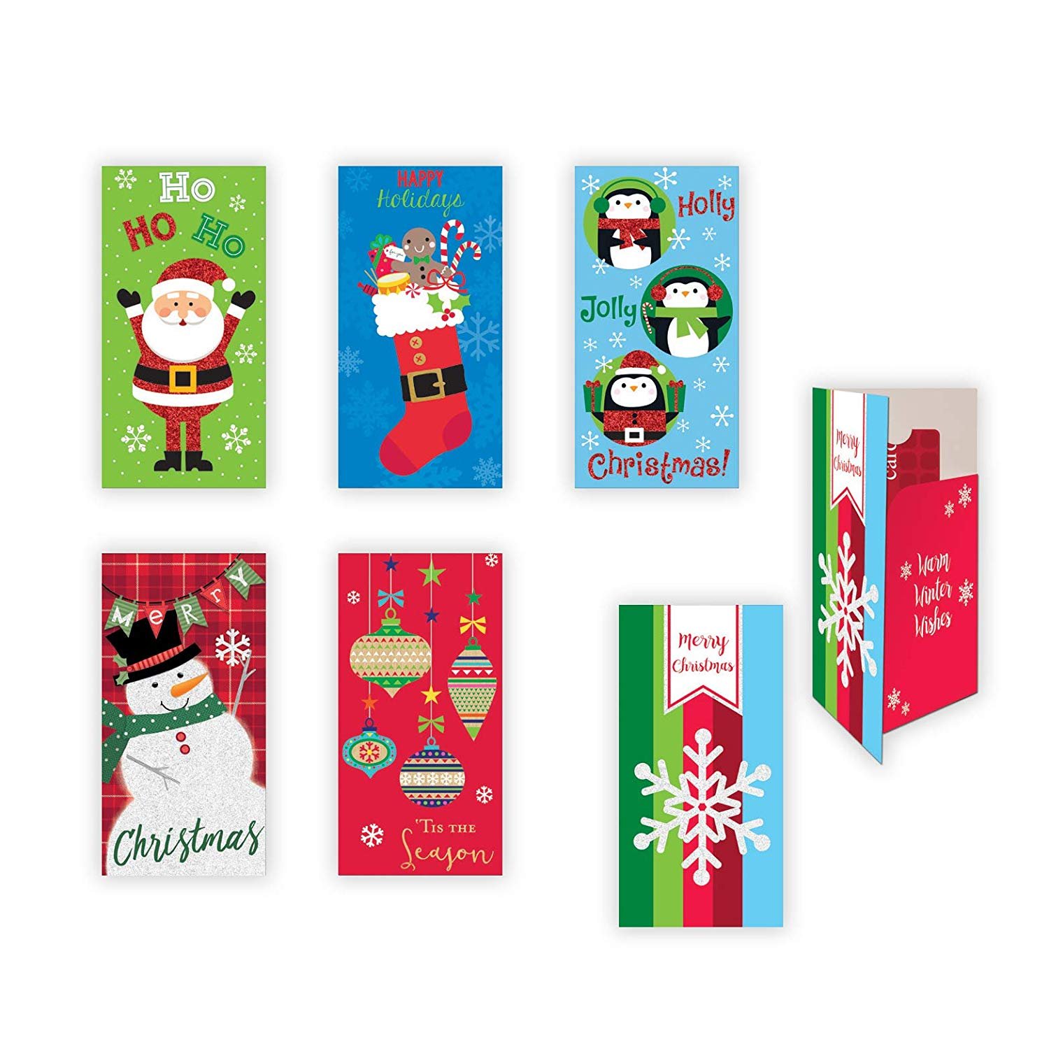 6 Gift Card Money Holders w// Envelopes Christmas Glitter for Kids Monkey Penguin