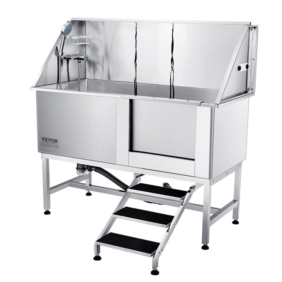 VEVOR 62" Dog Cat Pet Grooming Bath Tub Stainless Steel Wash Station with Stairs