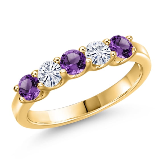 Gem Stone King 18K Yellow Gold Plated Silver Purple Amethyst and White Moissanite Wedding-Bands Ring for Women | 0.80 Cttw | Round 3.5MM | Gemstone February Birthstone | Size 7