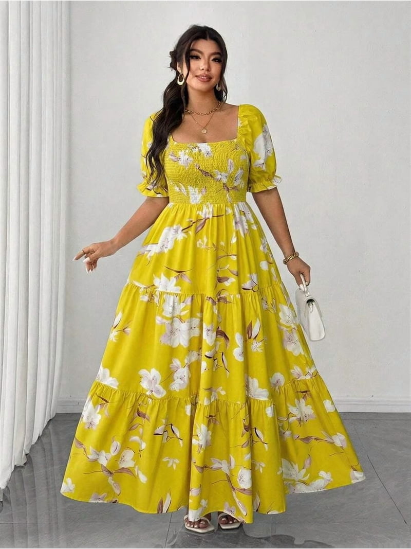 casual yellow plus size dress /// Sunshine Yellow Plus Size Summer Casual Ditsy Floral Square Neck Puff Sleeve Tiered Maxi Dress, Women's, Size: 4XL