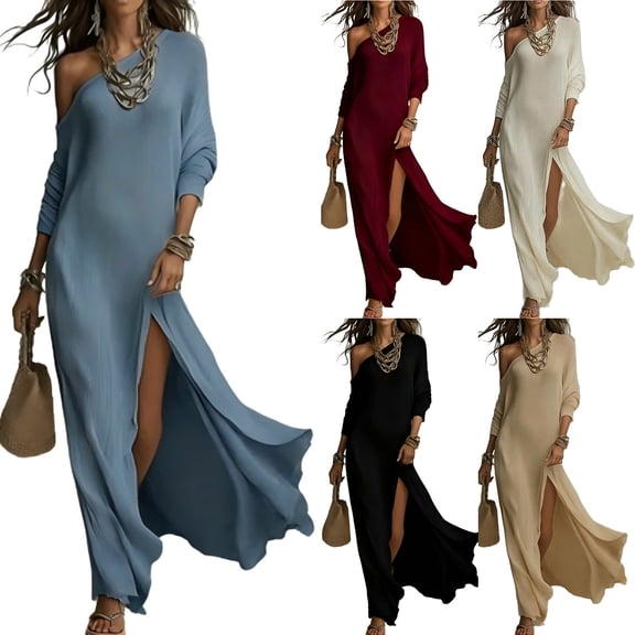 Yxbdin Off Shoulder Maxi Dresses for Women High Split Long Sleeve Flowy Dresses Vintage Elegant Boho Dress Outdoor Beach Vacation Dress