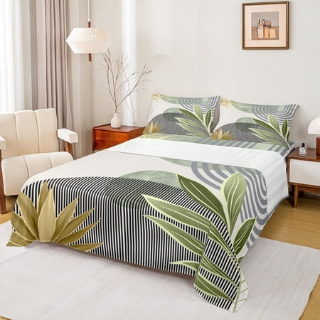Manfei Vintage Minimalist Leaves Twin Sheet Sets 3pcs Retro Mid Century Art Twin Fitted Sheet Geometric Lines Flat Sheet Ultra Soft Home Decor