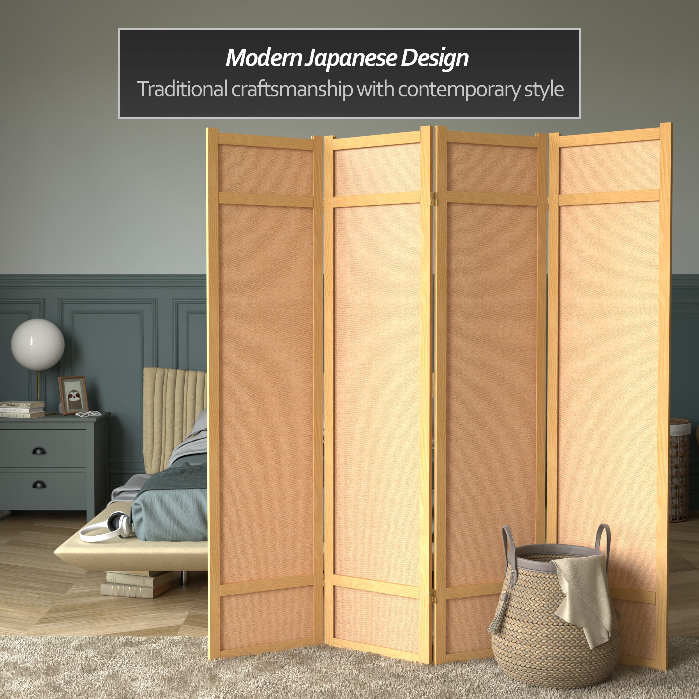 6 ft Tall Jute Shoji Screen Room Divider - 4 Panel - Natural