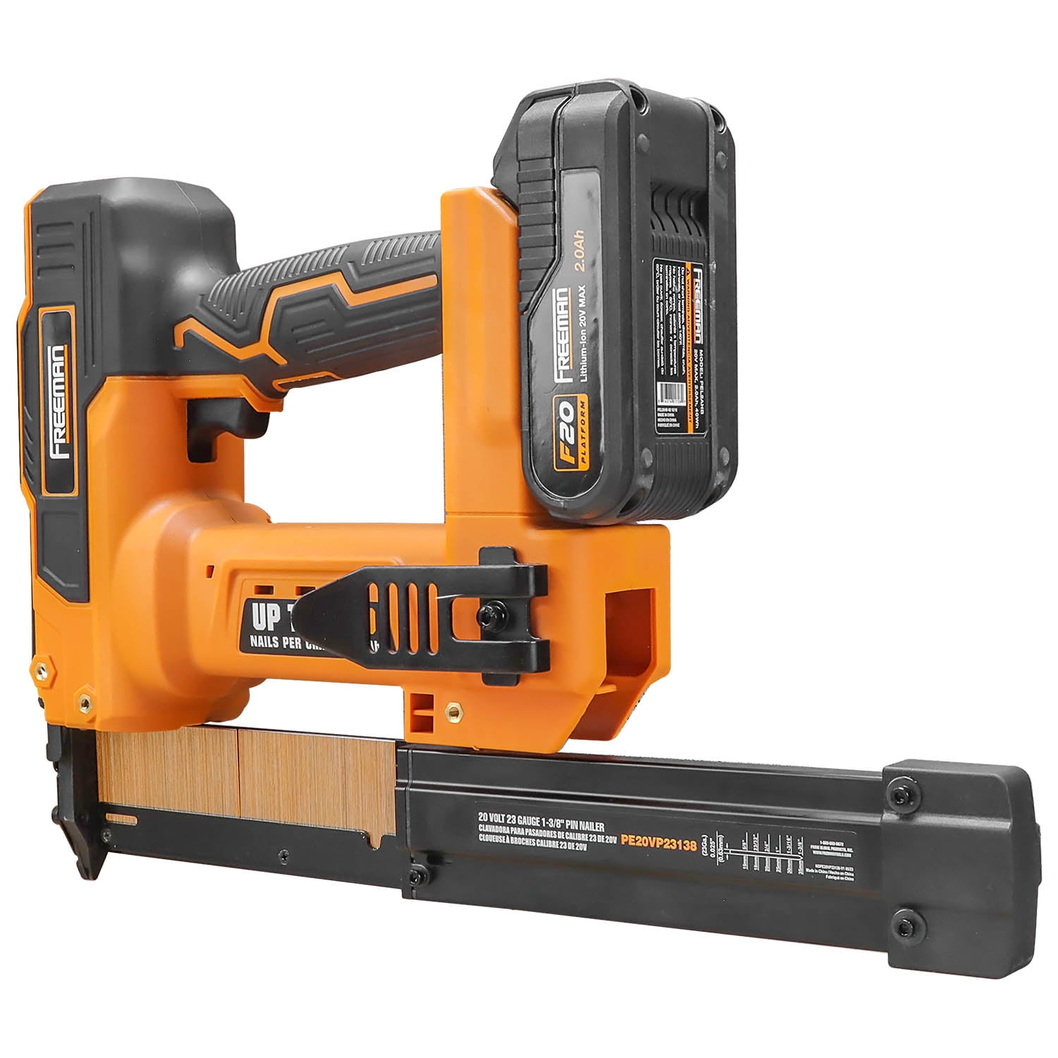 Freeman PE20VP23138 20 Volt Cordless 23-Gauge 1-3/8" Pin Nailer Kit with Lithium Ion Battery, Charger, Bag, and Nails (1000 Count) – 2000 Shots per Charge