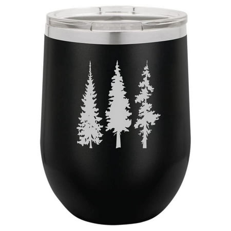 

12 oz Double Wall Vacuum Insulated Stainless Steel Stemless Wine Tumbler Glass Coffee Travel Mug With Lid Pine Trees Hiking Mountains Camping Outdoors (Black)