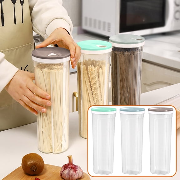 KOYPTL 3 Pcs Plastic Spaghetti Food Storage Clear Tall Pasta Jar organizer with Controllable Lid Airtight Food Container for Flour Sugar Pasta Cereal and Noodles Kitchen Organization