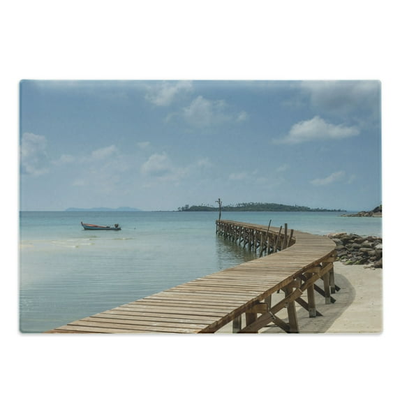 Landscape Cutting Board, Old Wooden Bridge to the Blue Sea at Koh Kood Trat Thailand Exotic Beach Scenery, Decorative Tempered Glass Cutting and Serving Board, Large Size, Blue Brown, by Ambesonne