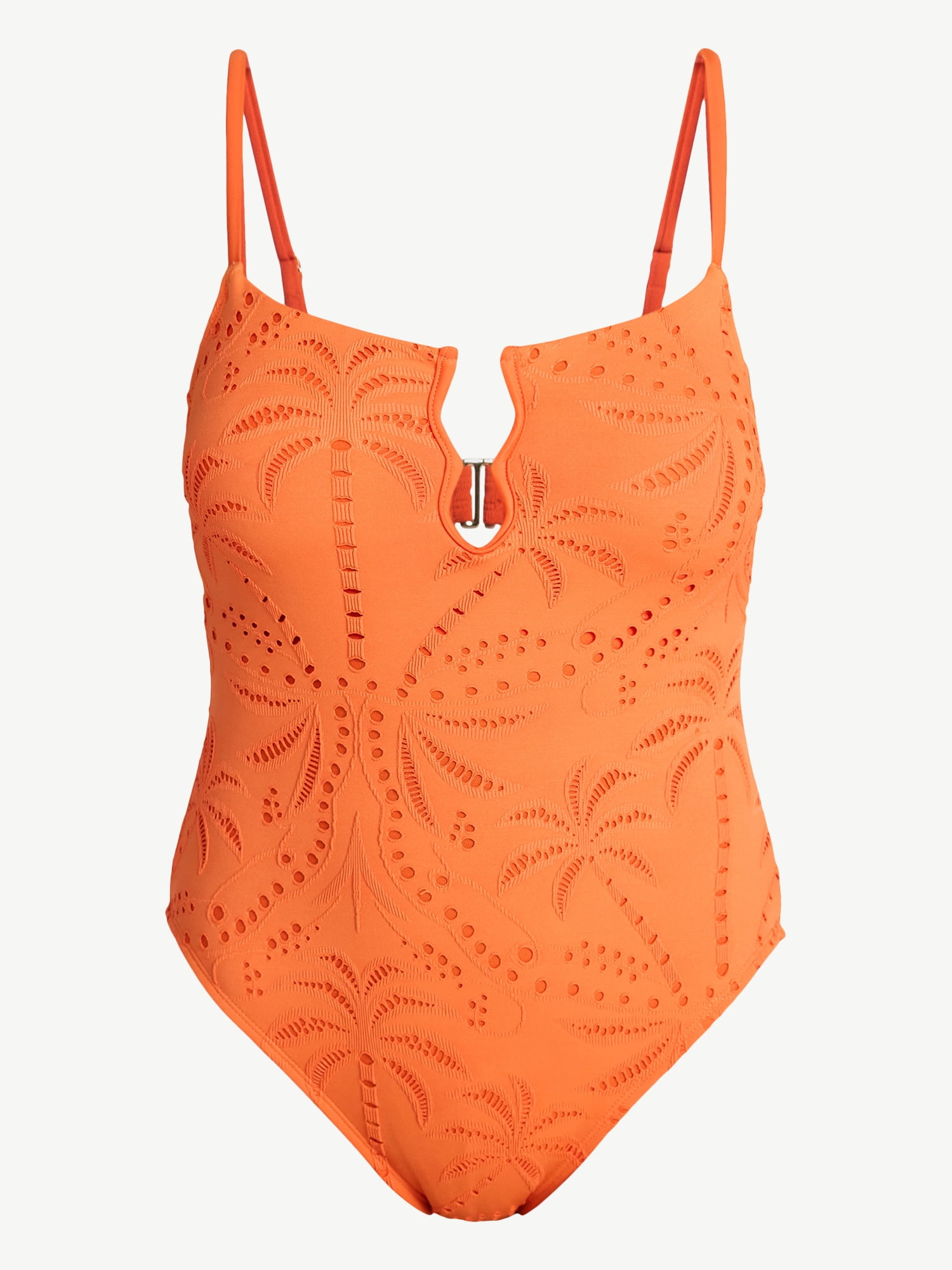 Time and Tru Women's Eyelet Embroidered V Wire One Piece Swimsuit, Sizes XS-3X