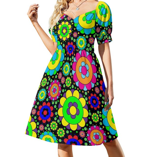 Vestido de manga corta con flores retro hippie de los años 60 y 70, estilo flower power, estilo hada.