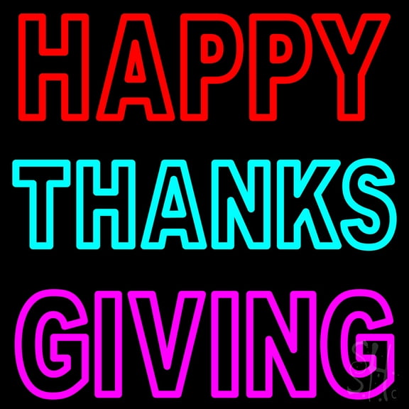 Happy Thanksgiving Block LED Neon Sign 24 x 24 - inches, Clear Edge Cut Acrylic Backing, with Dimmer - Bright and Premium built indoor LED Neon Sign for special occasion decor.