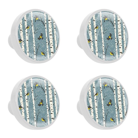 4 Pcs Birch Trees and Birds Knobs for Kitchen Cabinet Cupboard Dresser Bookcase Drawer Pulls Handles Round Home Decor