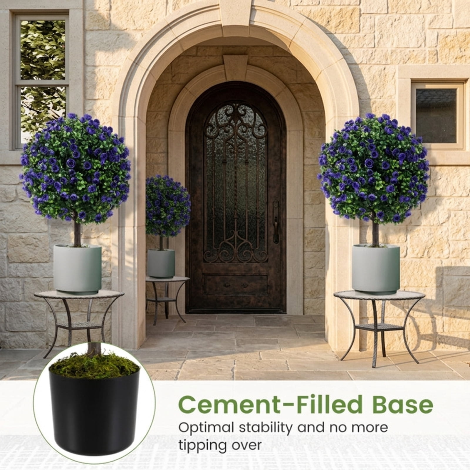 Vebreda Artificial Plant Decor, 22 Inch Set of 2 Artificial Purple Rose Topiary Ball Trees with Cement-Filled Pot, Lifelike Design