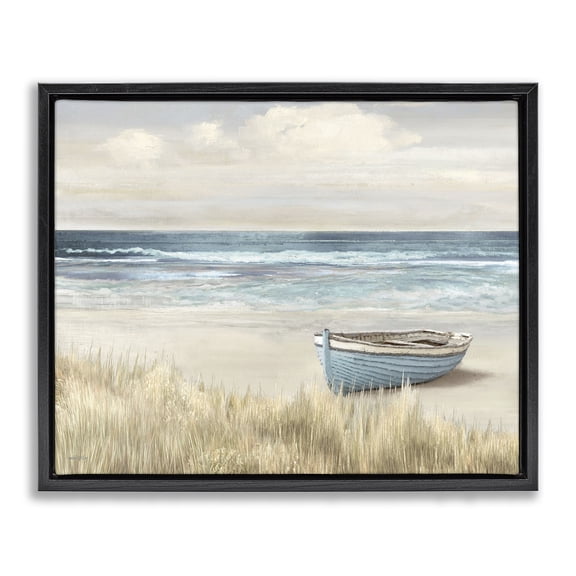 Stupell Industries Cottage Boat on Grassy Shore Black Floating Frame Canvas Art, 21 x 17, by Amber Sterling