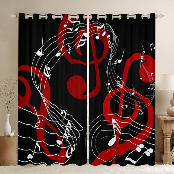 jejeloiu Music Melody Black Out Curtains,Rock Musical Curtains Pack of 2 (42x63 Each),Red Black White Bedroom Curtains For Girls Boys,Microfiber Bedroom Decor